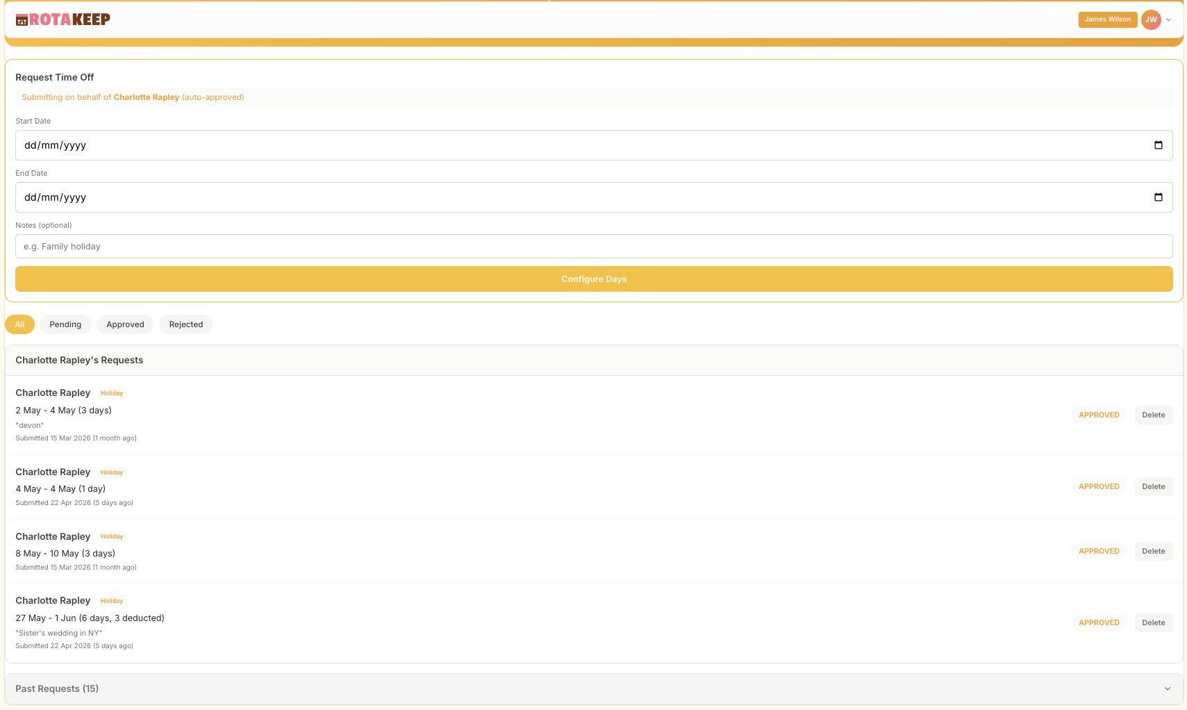 RotaKeep holiday management showing requests and approval workflow