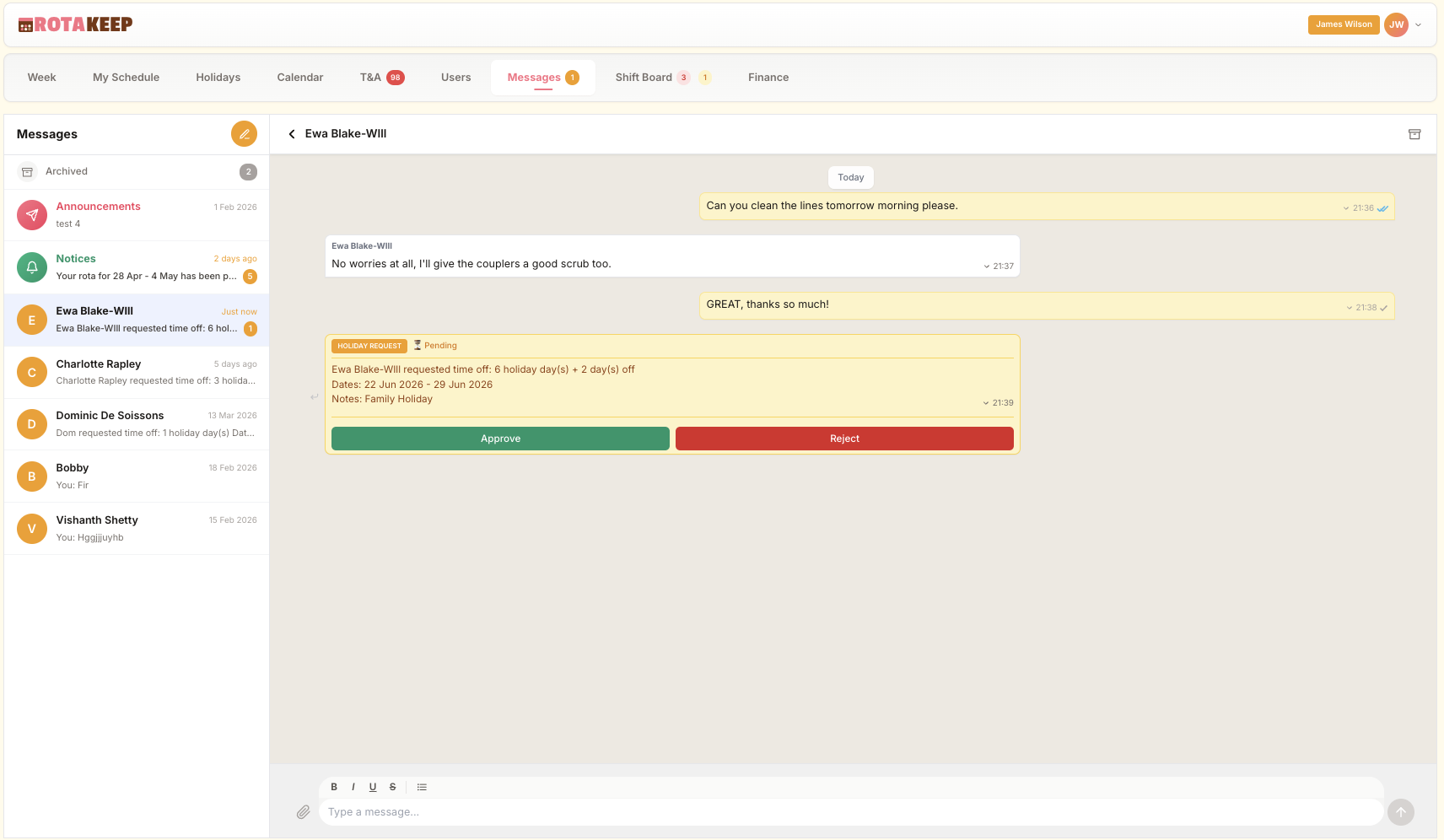 RotaKeep team messaging showing conversations and announcements
