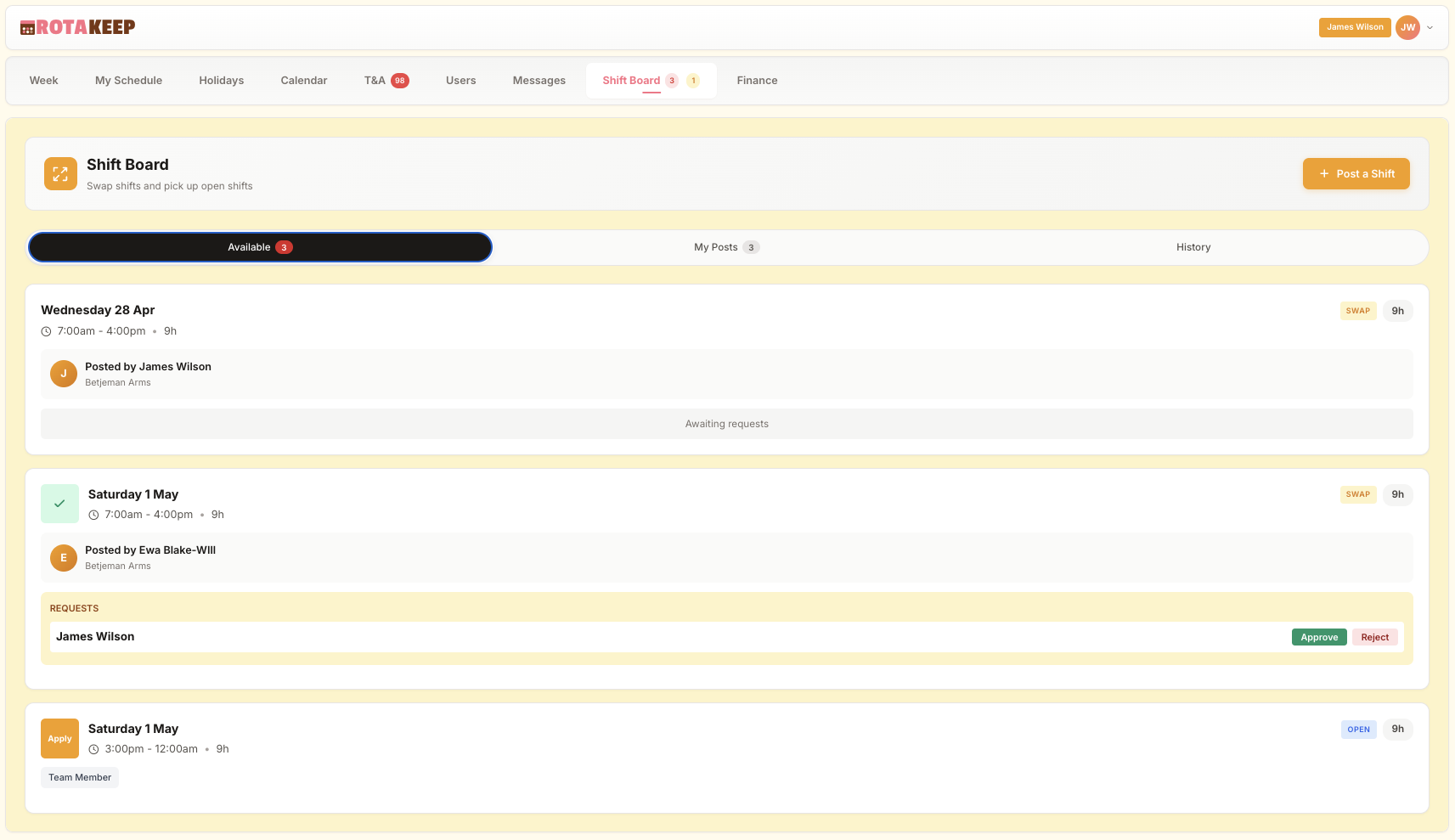 RotaKeep shift swap mobile app showing swap requests and approvals