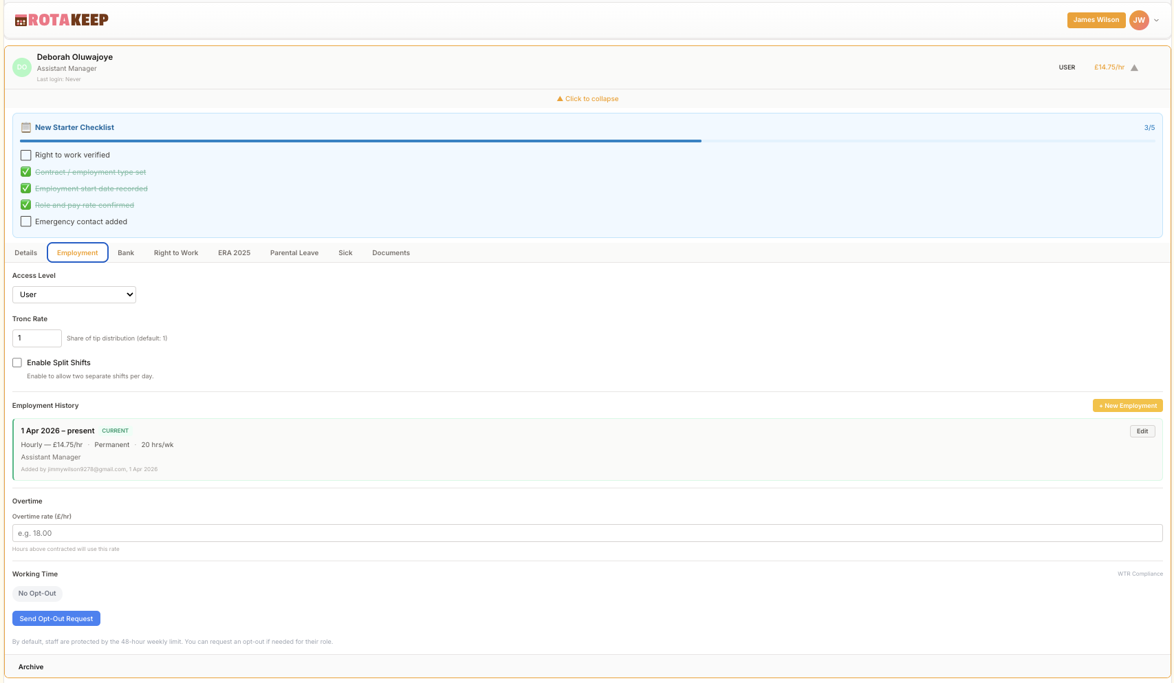RotaKeep staff management showing team profiles and roles